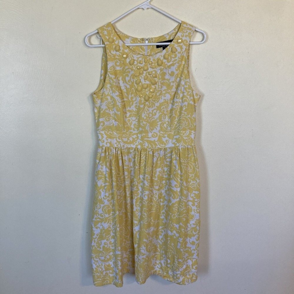 Perceptions NY 8 Yellow Linen A Line Dress Beaded Neckline Pockets Spring Party